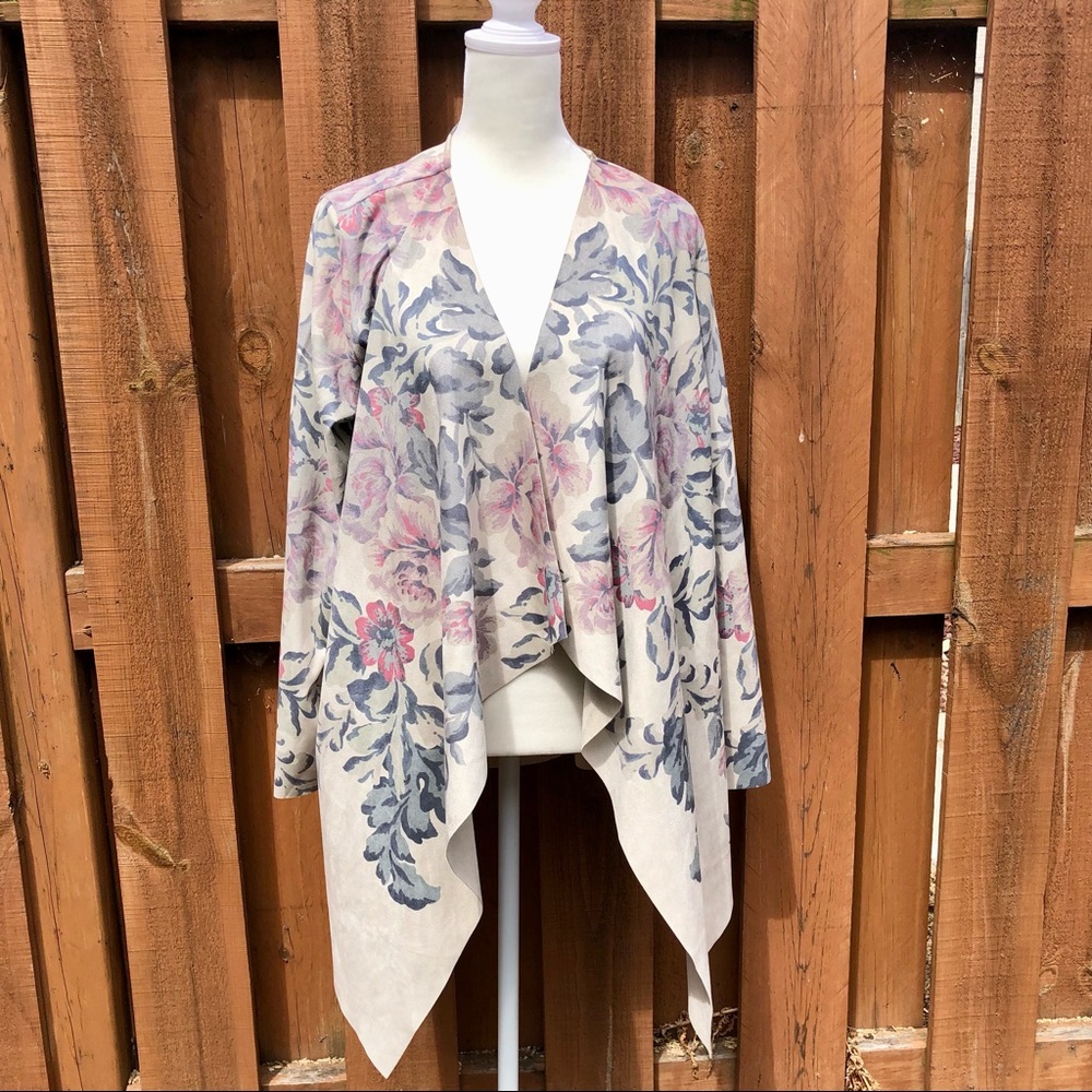 Soft Surroundings Open Front Faux Suede Drapey Floral  Cardigan Spring